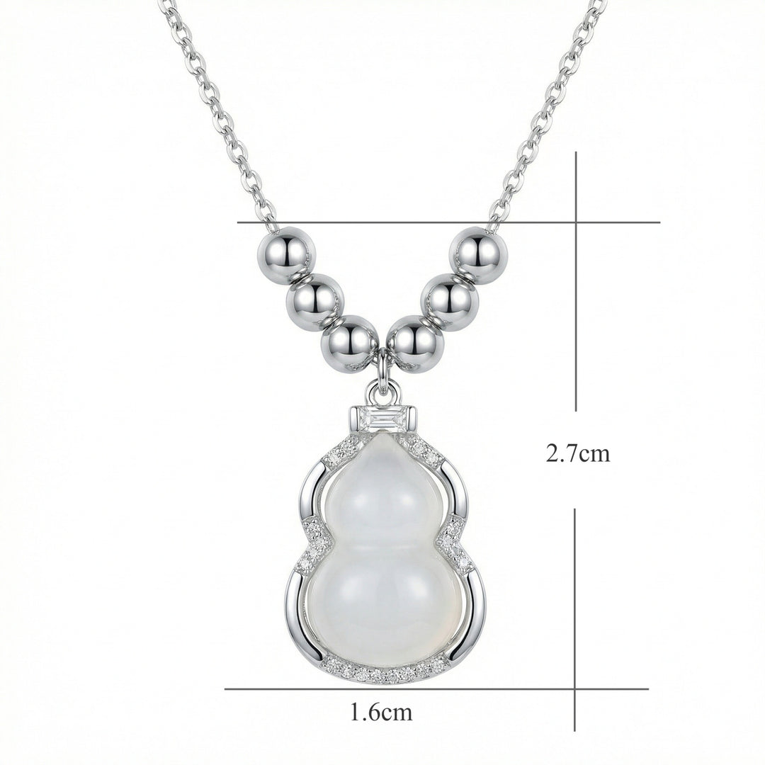 925 Sterling Silver Gourd Necklace – White Jade Pendant with Sparkling Crystal Accents
