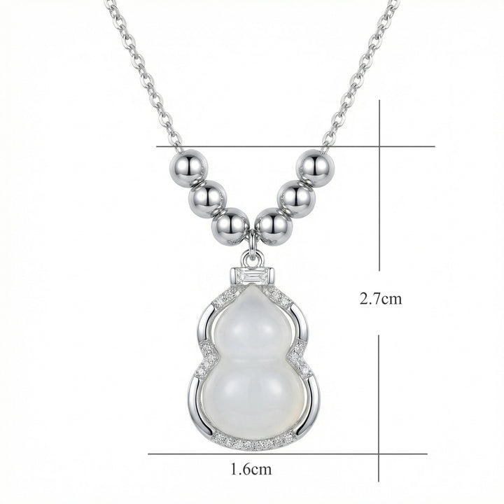 925 Sterling Silver Gourd Necklace – White Jade Pendant with Sparkling Crystal Accents