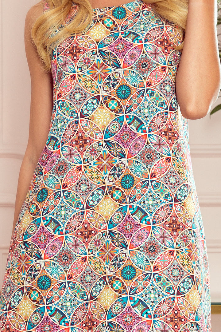 A trapezoidal dress with a colorful pattern