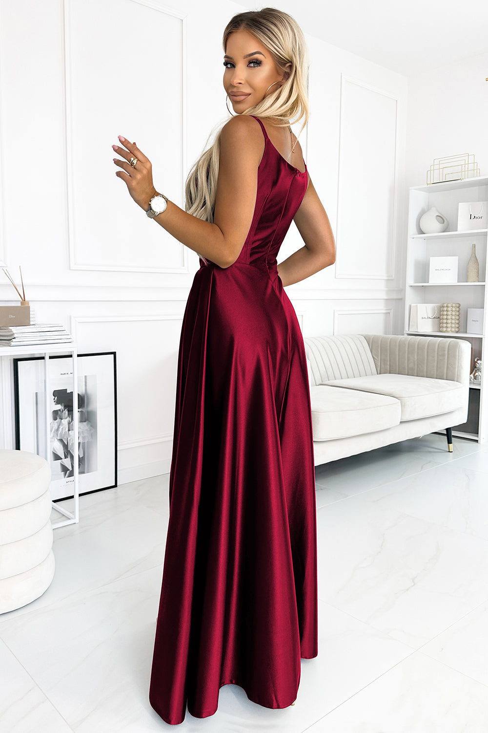 CHIARA elegant satin maxi dress with straps - Burgundy color