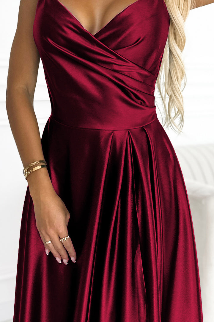 CHIARA elegant satin maxi dress with straps - Burgundy color