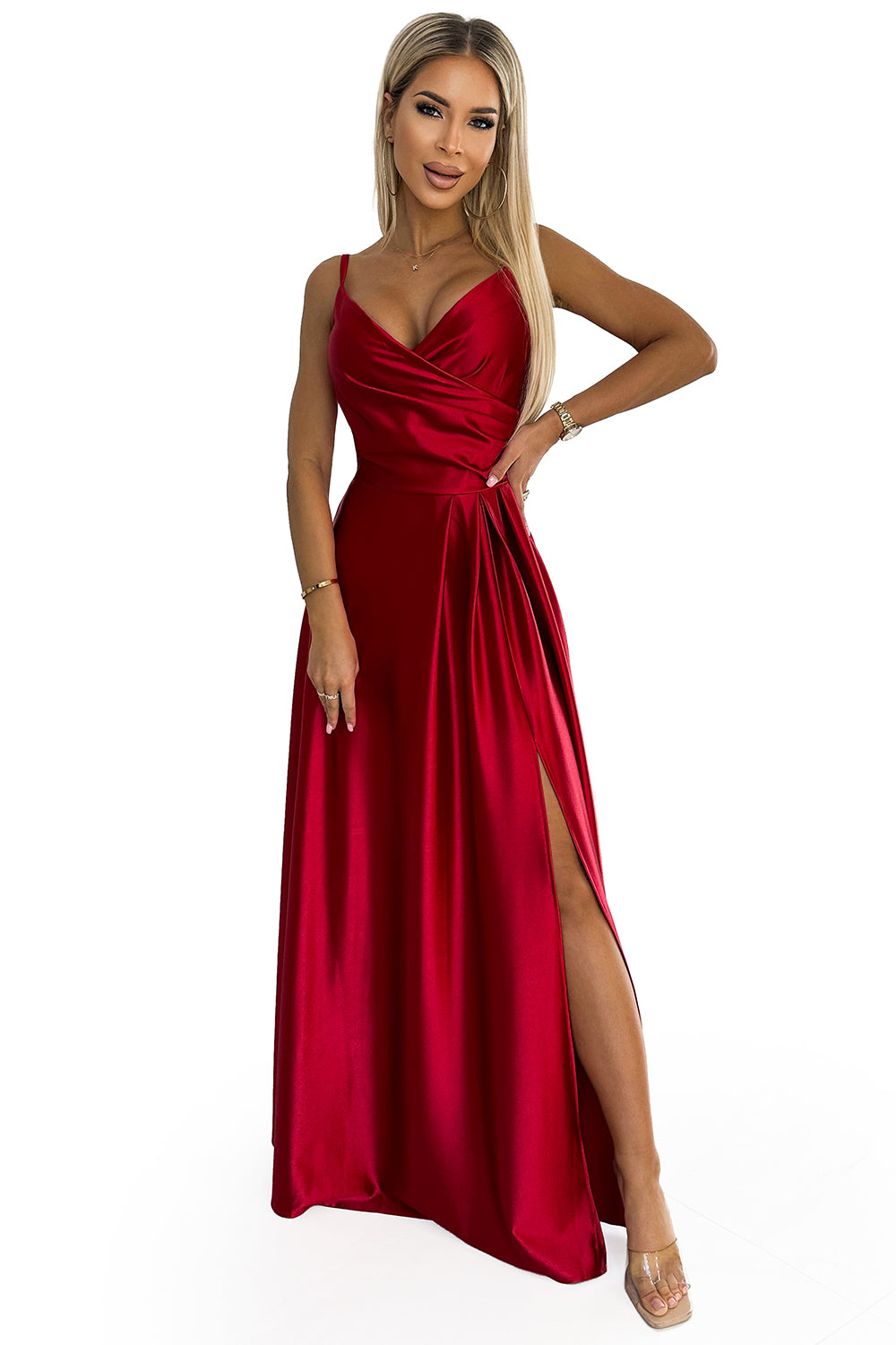 299-14 CHIARA elegant satin maxi dress with straps - red color