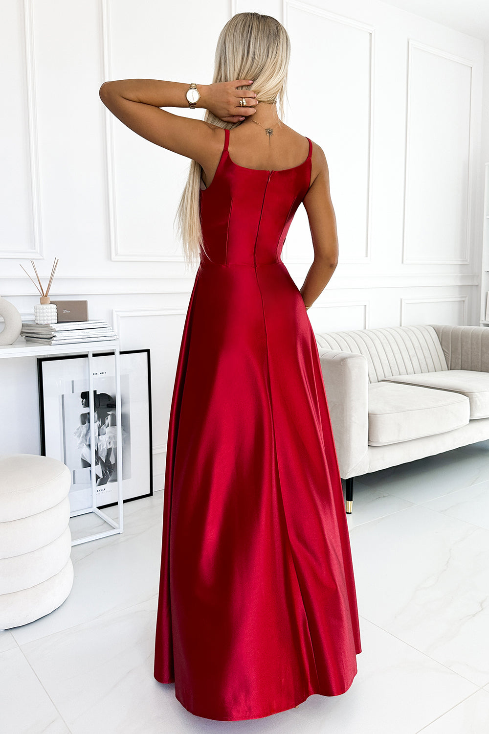 299-14 CHIARA elegant satin maxi dress with straps - red color