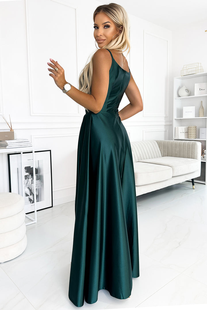 CHIARA elegant satin maxi dress with straps - green