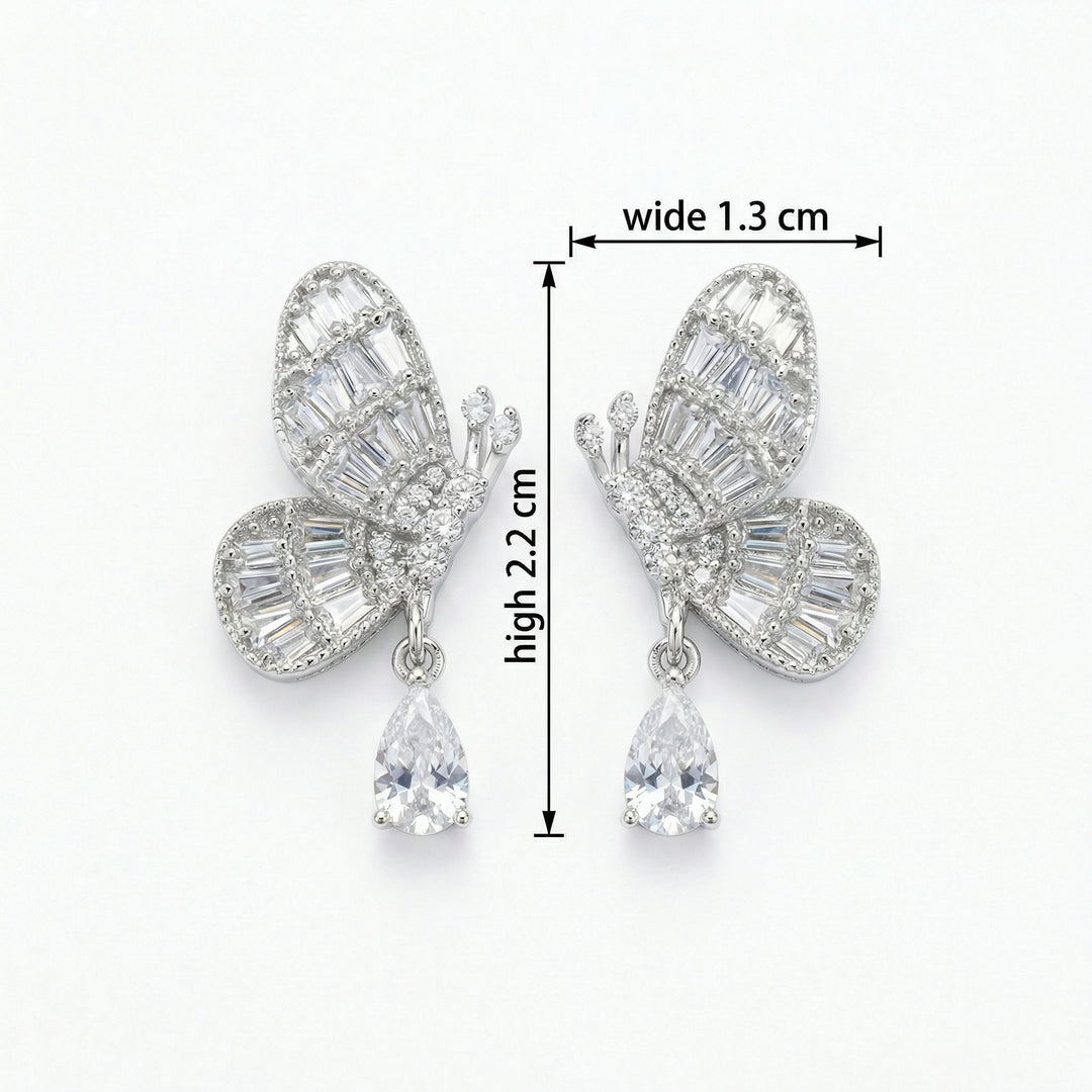 ✨ 925 Sterling Silver Sparkling Butterfly Drop Earrings with Baguette & Pear-Cut Crystals ✨