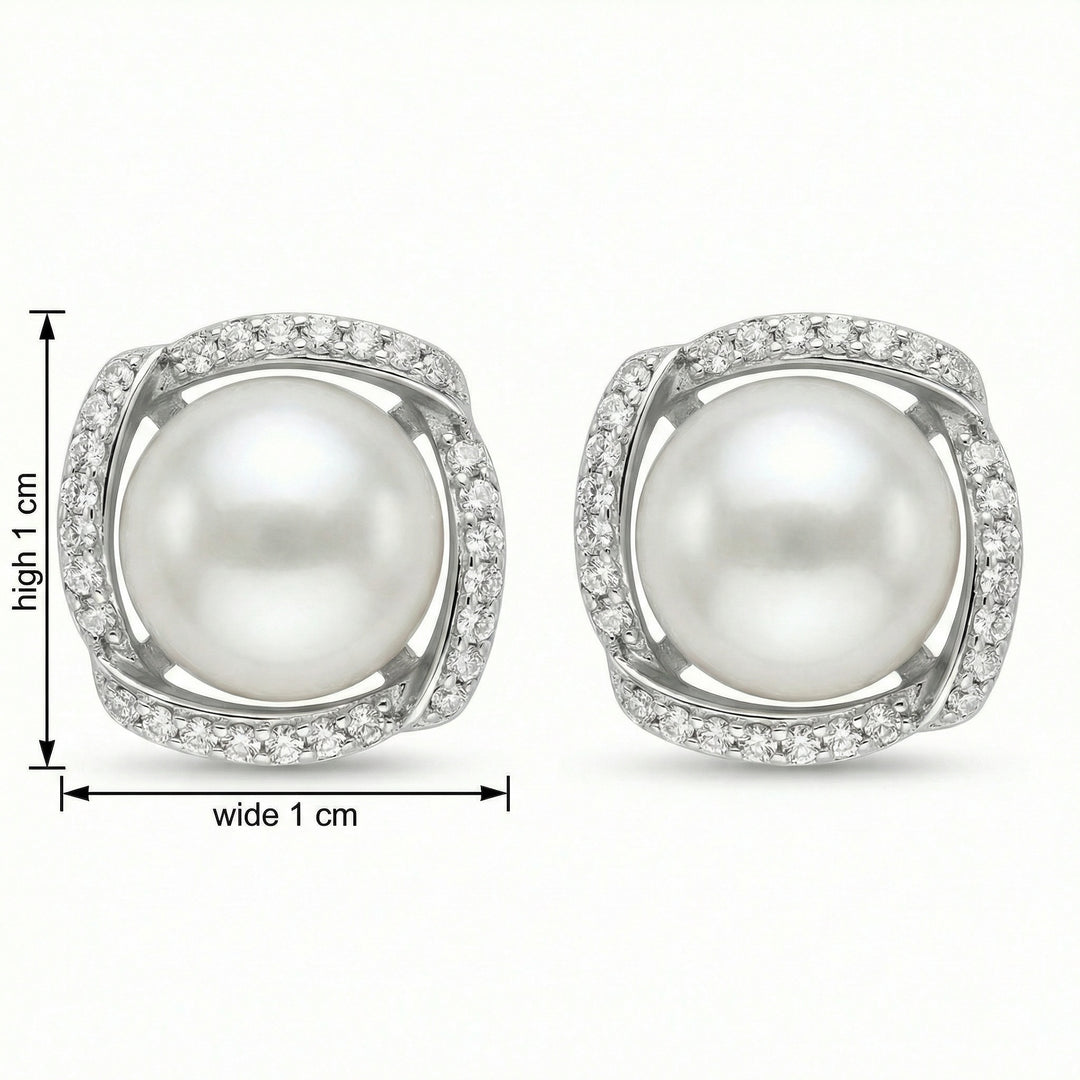 ✨ 925 Sterling Silver Luminous White Pearl Stud Earrings with Sparkling Pavé Halo ✨