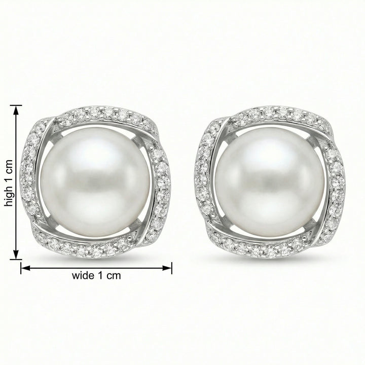 ✨ 925 Sterling Silver Luminous White Pearl Stud Earrings with Sparkling Pavé Halo ✨