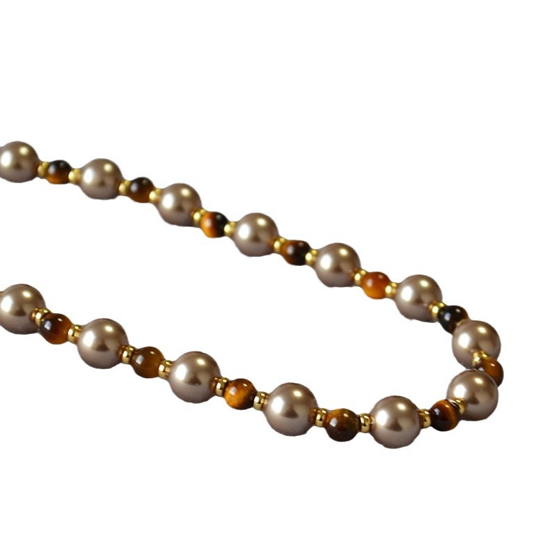 Women’s Retro Tiger’s Eye Beaded Necklace – Brown & Coffee Vintage Pearl Chain