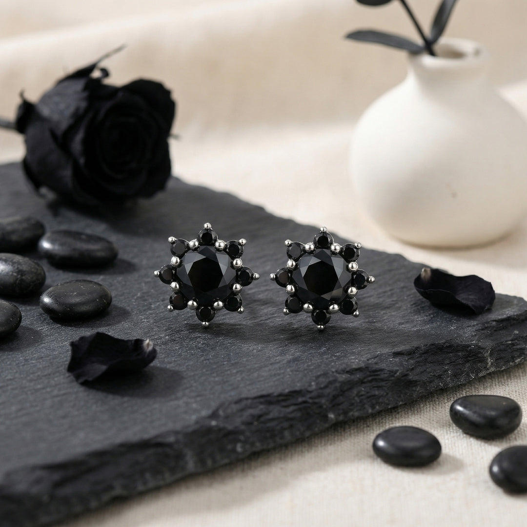 ✨ 925 Sterling Silver Black Diamond Floral Cluster Stud Earrings ✨