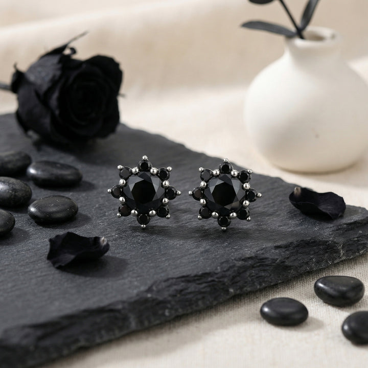 ✨ 925 Sterling Silver Black Diamond Floral Cluster Stud Earrings ✨