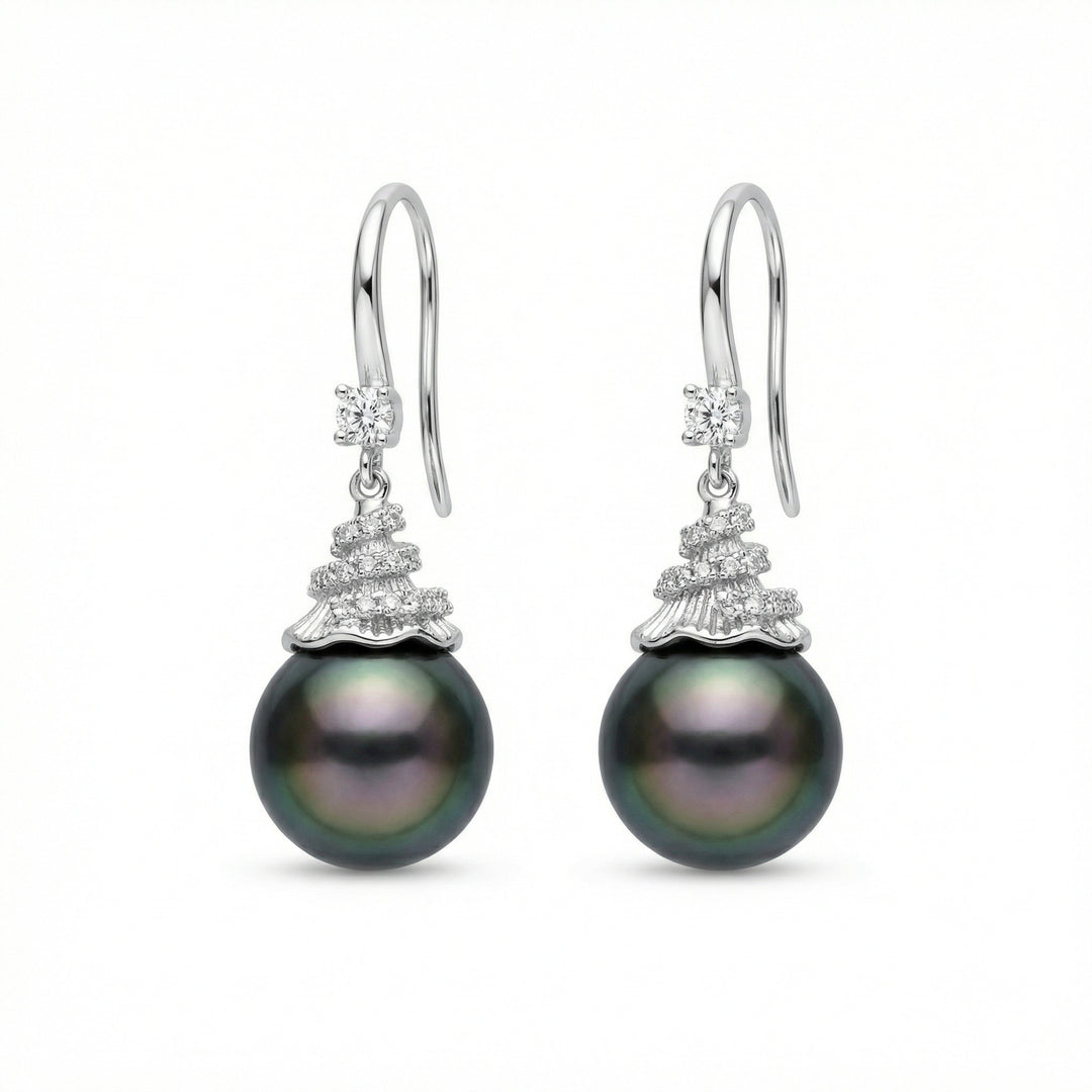 ✨ 925 Sterling Silver Tahitian Black Pearl Drop Earrings with Diamond Spiral Accents