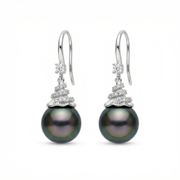 ✨ 925 Sterling Silver Tahitian Black Pearl Drop Earrings with Diamond Spiral Accents