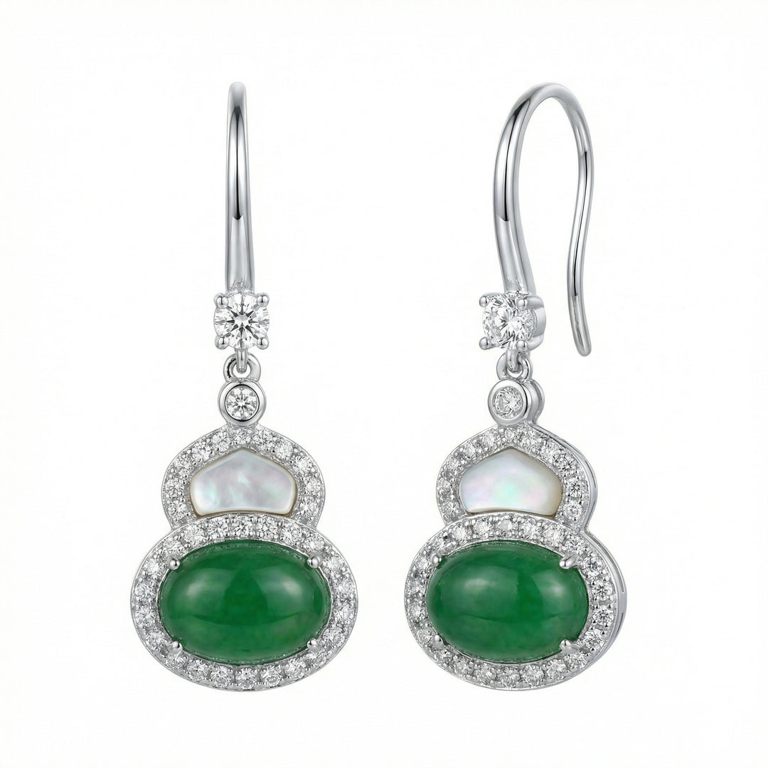 925 Sterling Silver Green Jadeite and Mother-of-Pearl Hulu Gourd Drop Earrings