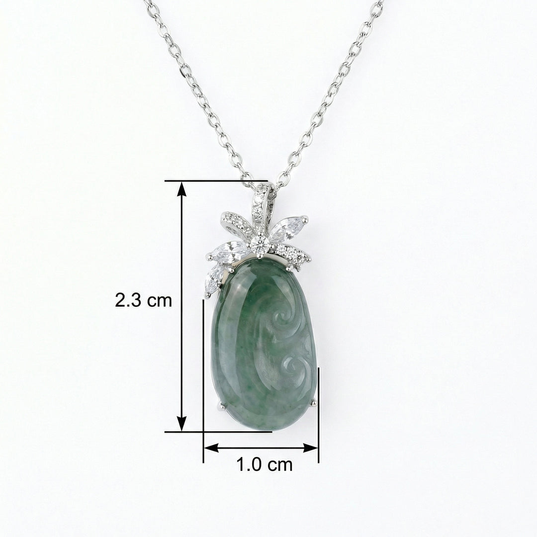 925 Sterling Silver Carved Green Jade Pendant Necklace – Elegant Floral Accents