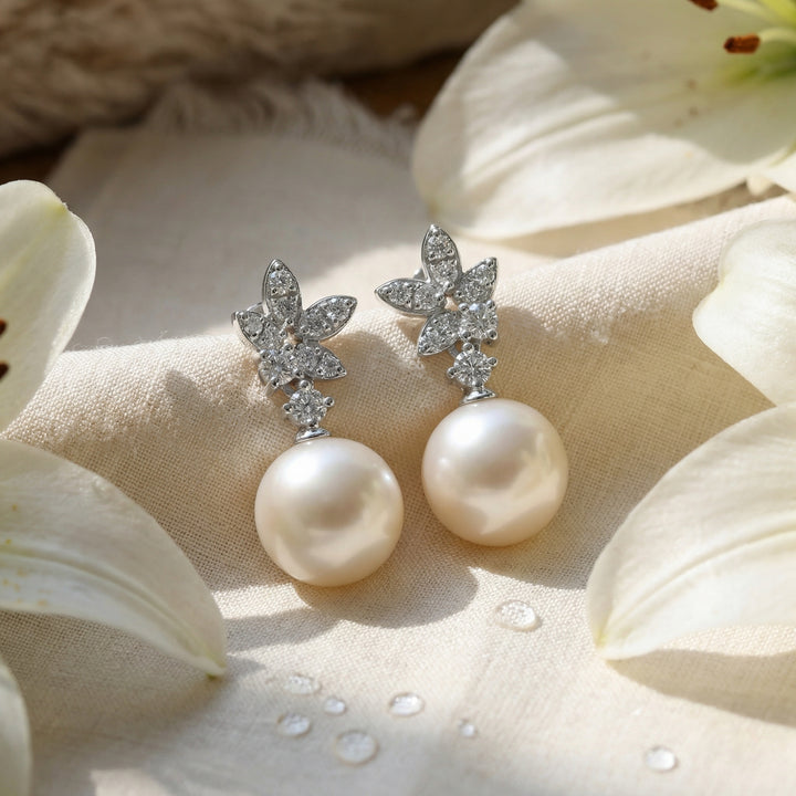 ✨ 925 Sterling Silver White Pearl Drop Earrings with Diamond Floral Accents ✨