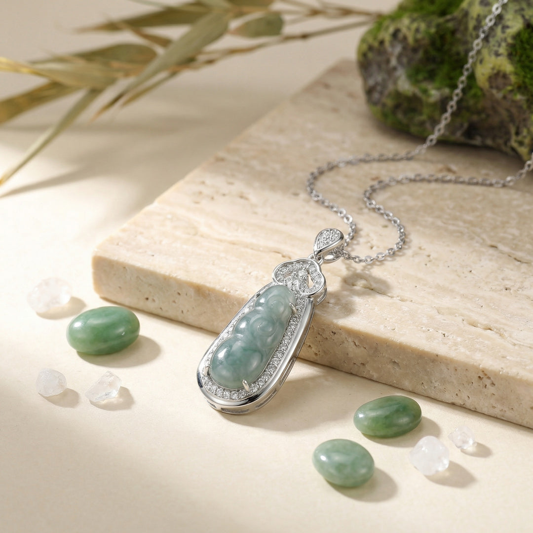 925 Sterling Silver Elegant Green Jadeite Ruyi Pendant Necklace with Diamond Accents and Silver-Tone Chain