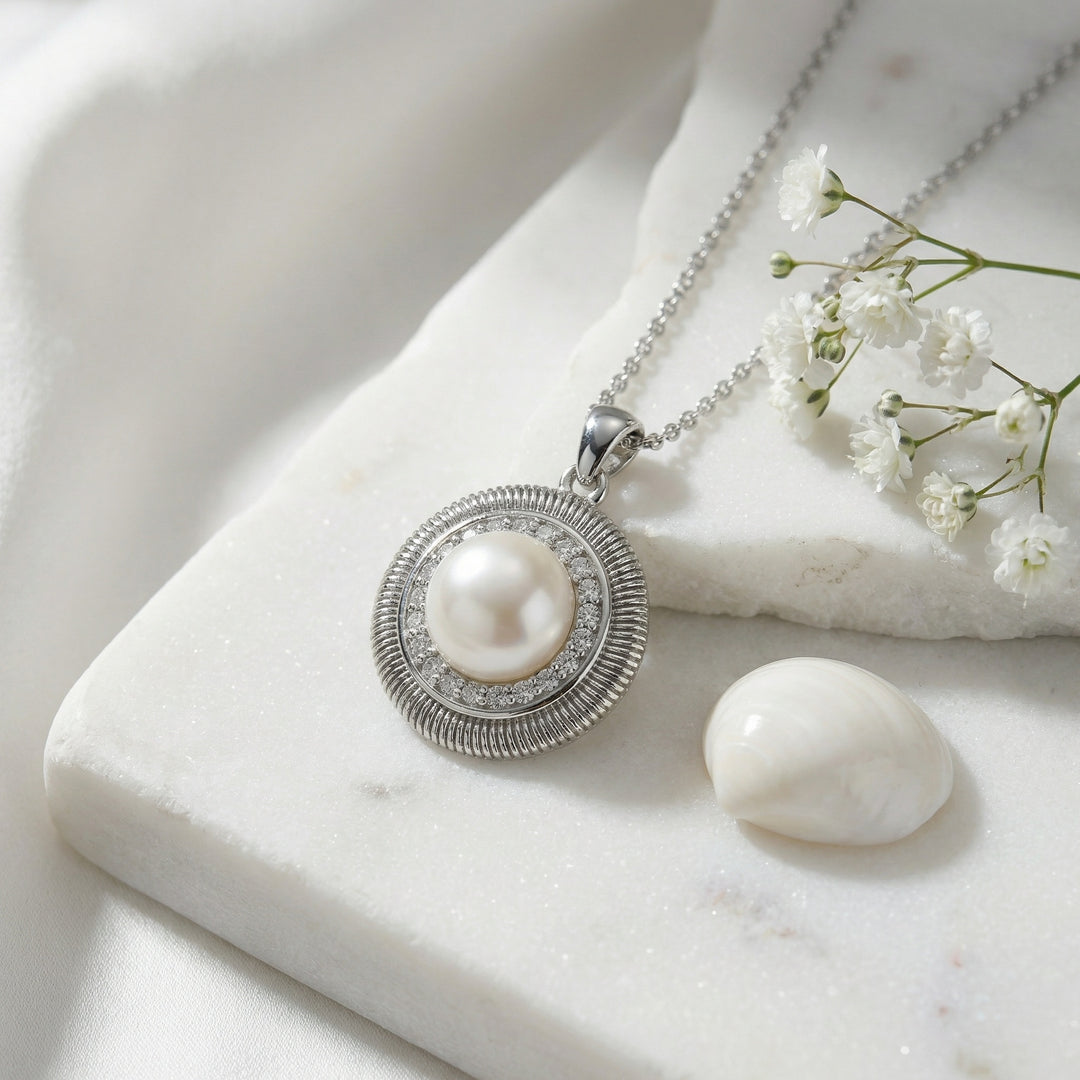 ✨ 925 Sterling Silver Elegant Round Pearl Pendant Necklace with Textured Halo Accents ✨