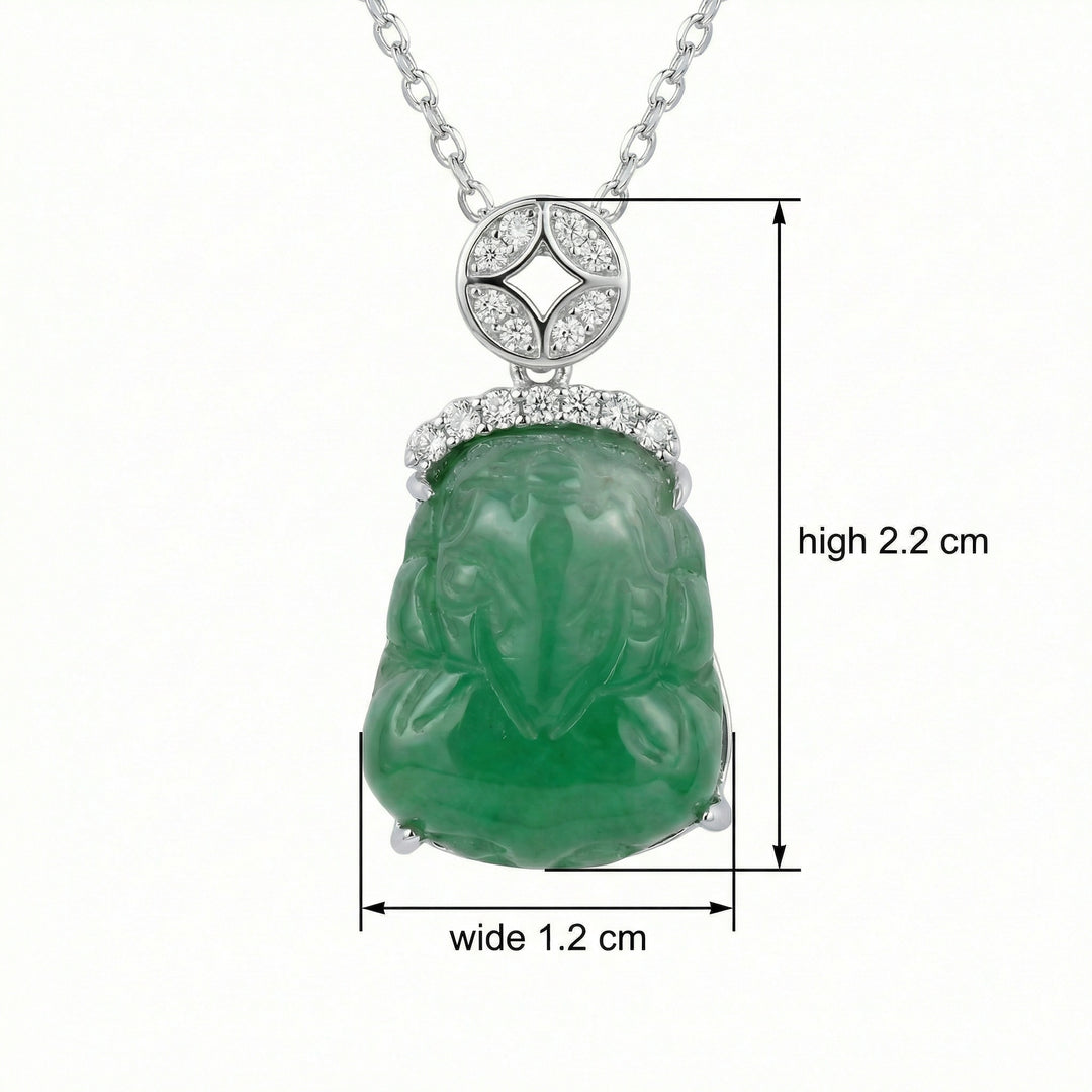 925 Sterling Silver Elegant Green Jadeite Laughing Buddha Pendant Necklace with Sparkling Stone Accents