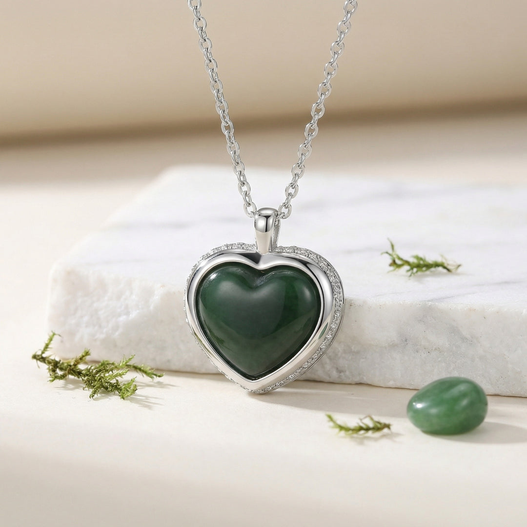 925 Sterling Silver Elegant Heart-Shaped Dark Green Jade Pendant Necklace with Diamond Accents