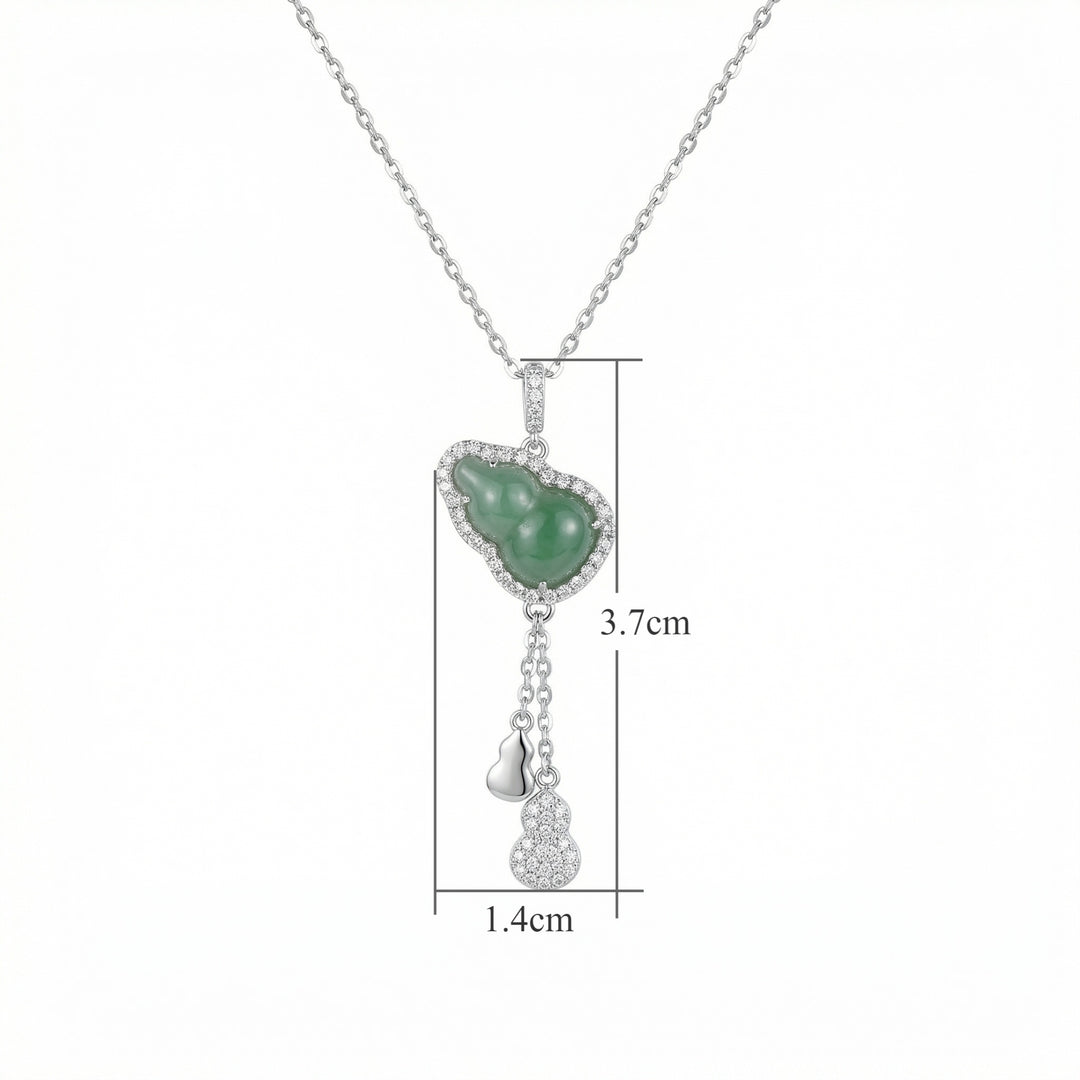 925 Sterling Silver Elegant Jadeite Gourd Pendant Necklace with Sparkling Stones & Dainty Hulu Charm