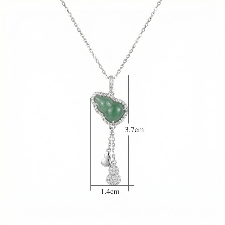 925 Sterling Silver Elegant Jadeite Gourd Pendant Necklace with Sparkling Stones & Dainty Hulu Charm