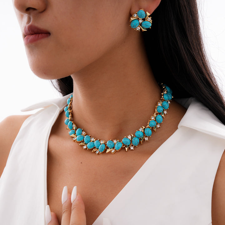 Ethnic Style Turquoise & Zircon Flower Necklace and Earrings  – Women’s Jewelry