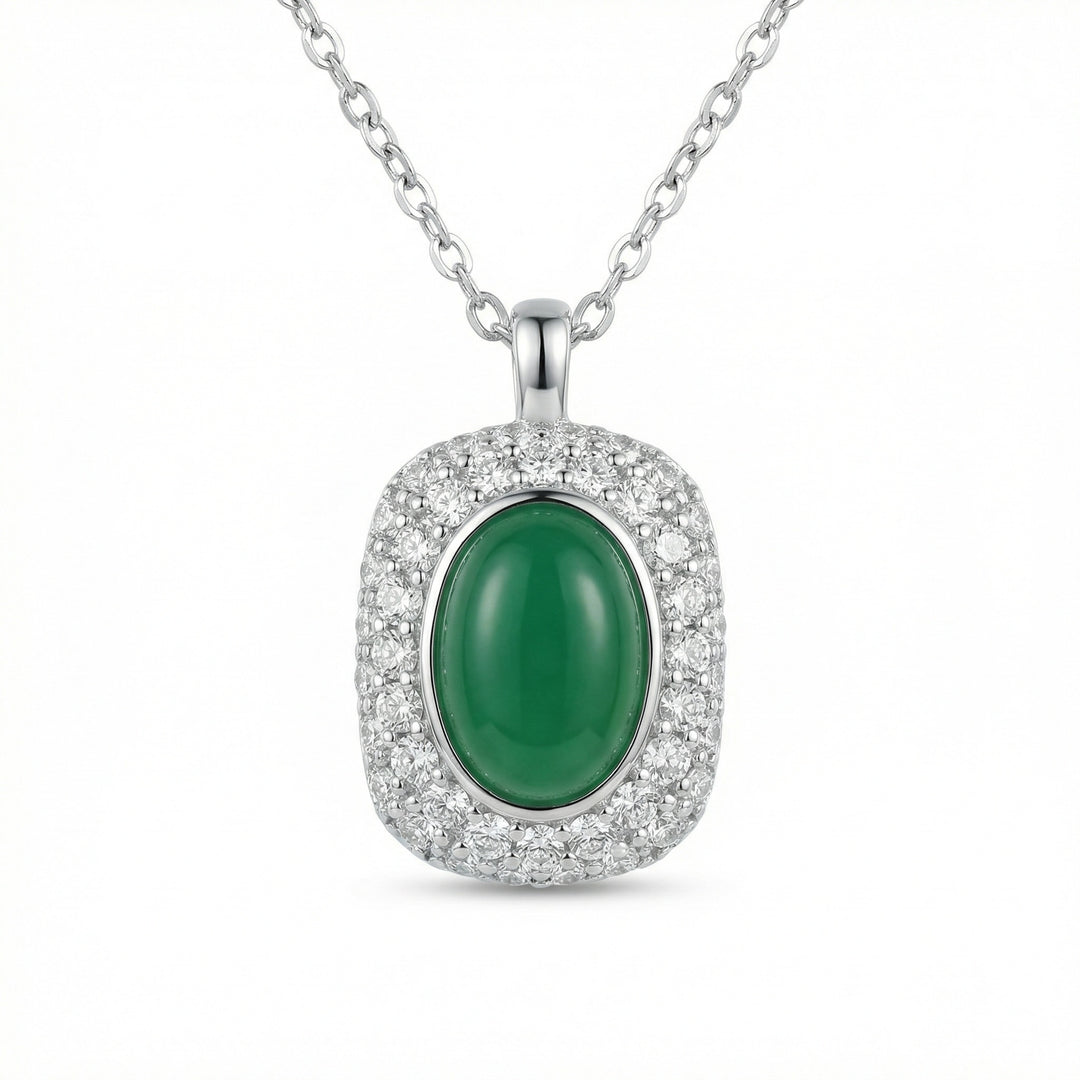 925 Sterling Silver Elegant Oval Green Gemstone Halo Pendant Necklace