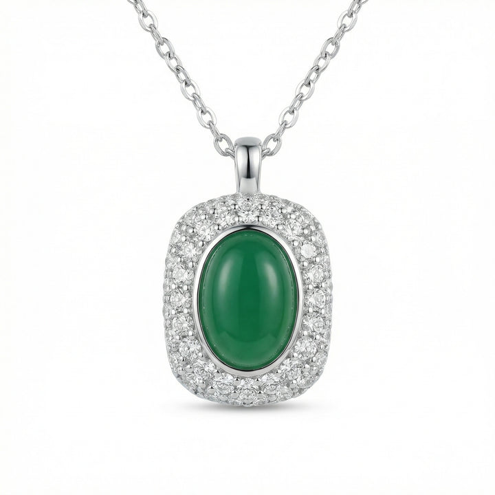 925 Sterling Silver Elegant Oval Green Gemstone Halo Pendant Necklace
