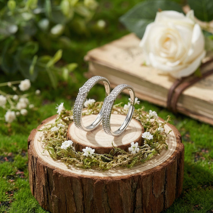 925 Sterling Silver Elegant Adjustable Couple Rings with Braided Texture & Clover Charms