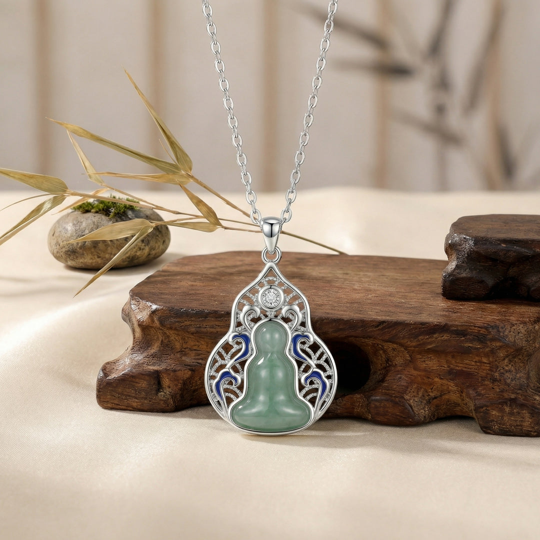 925 Sterling Silver Green Jadeite Double Gourd Pendant Necklace