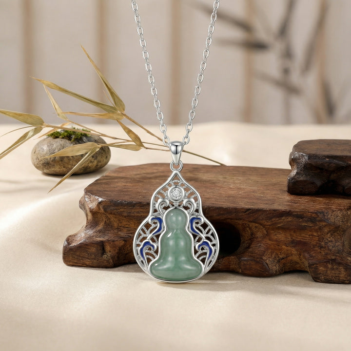 925 Sterling Silver Green Jadeite Double Gourd Pendant Necklace