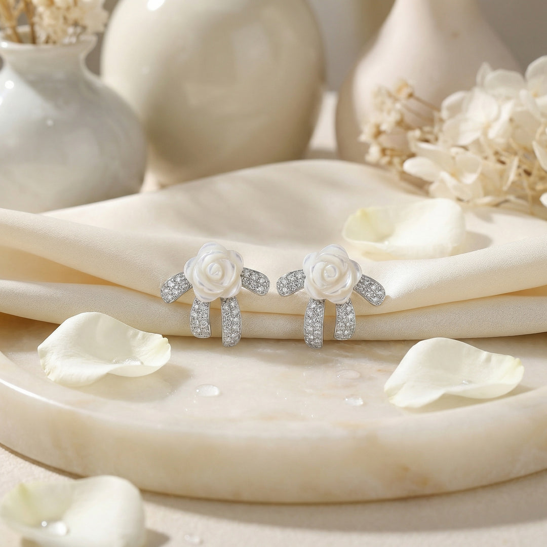 ✨ 925 Sterling Silver Mother-of-Pearl Rose & Crystal Bow Stud Earrings ✨