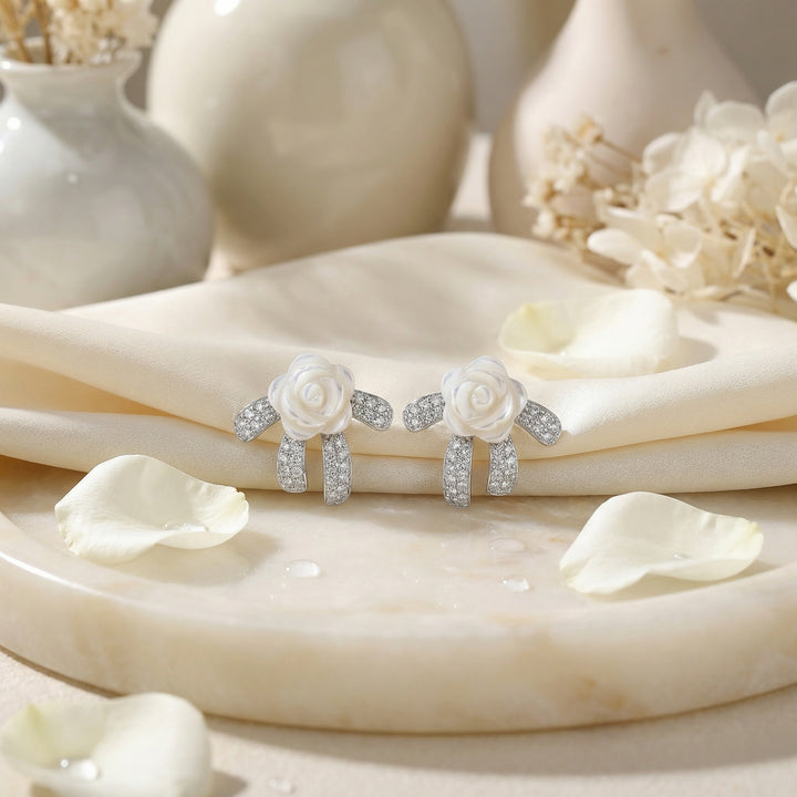 ✨ 925 Sterling Silver Mother-of-Pearl Rose & Crystal Bow Stud Earrings ✨