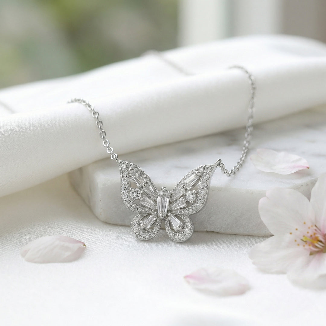 925 Sterling Silver Butterfly Pendant Necklace with Round and Baguette-Cut Sparkling Stones