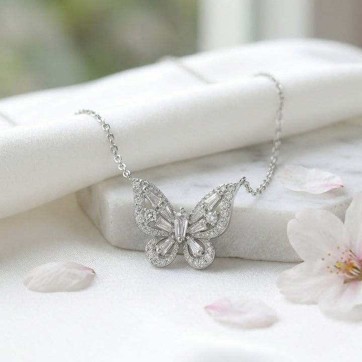 925 Sterling Silver Butterfly Pendant Necklace with Round and Baguette-Cut Sparkling Stones