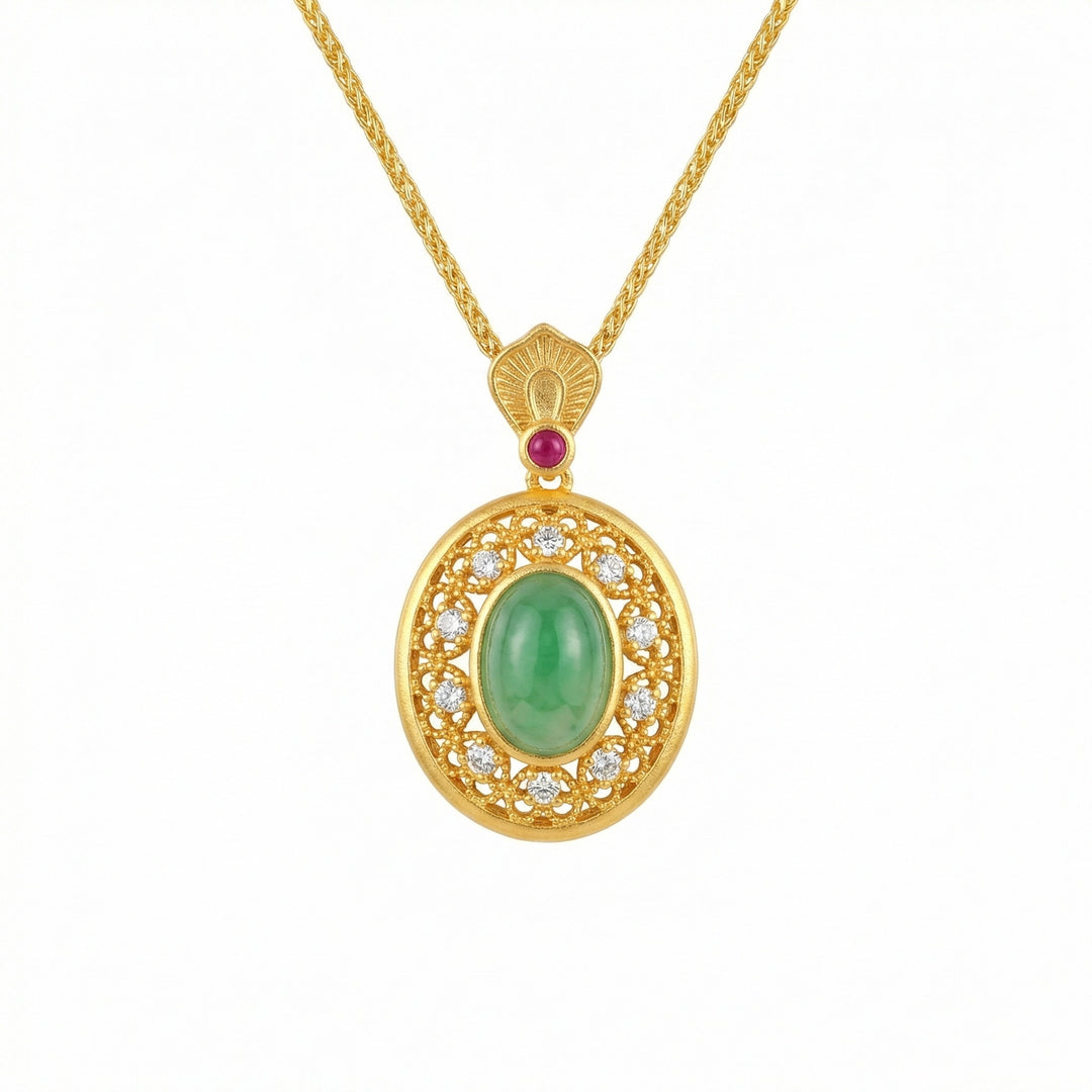 925 Sterling Silver Jade Cabochon Pendant Necklace with Ruby & Filigree Halo