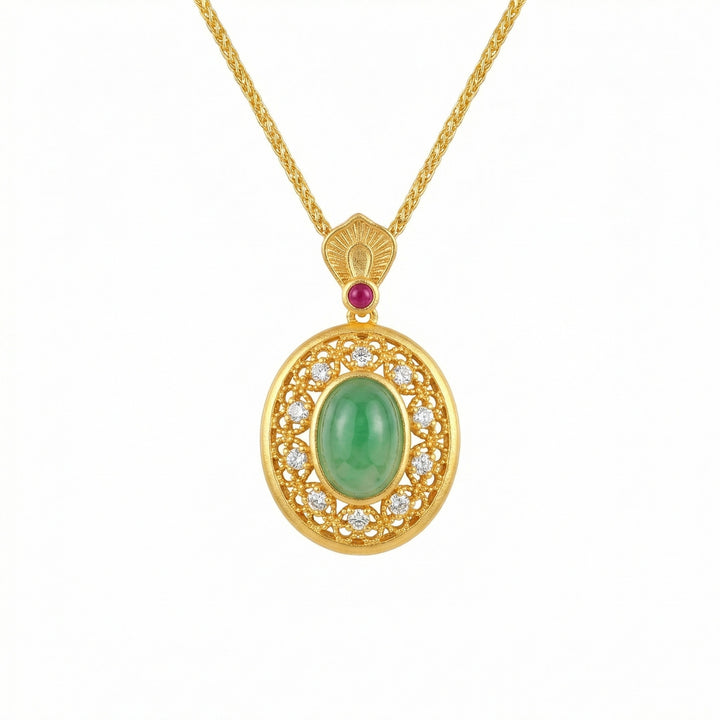 925 Sterling Silver Jade Cabochon Pendant Necklace with Ruby & Filigree Halo