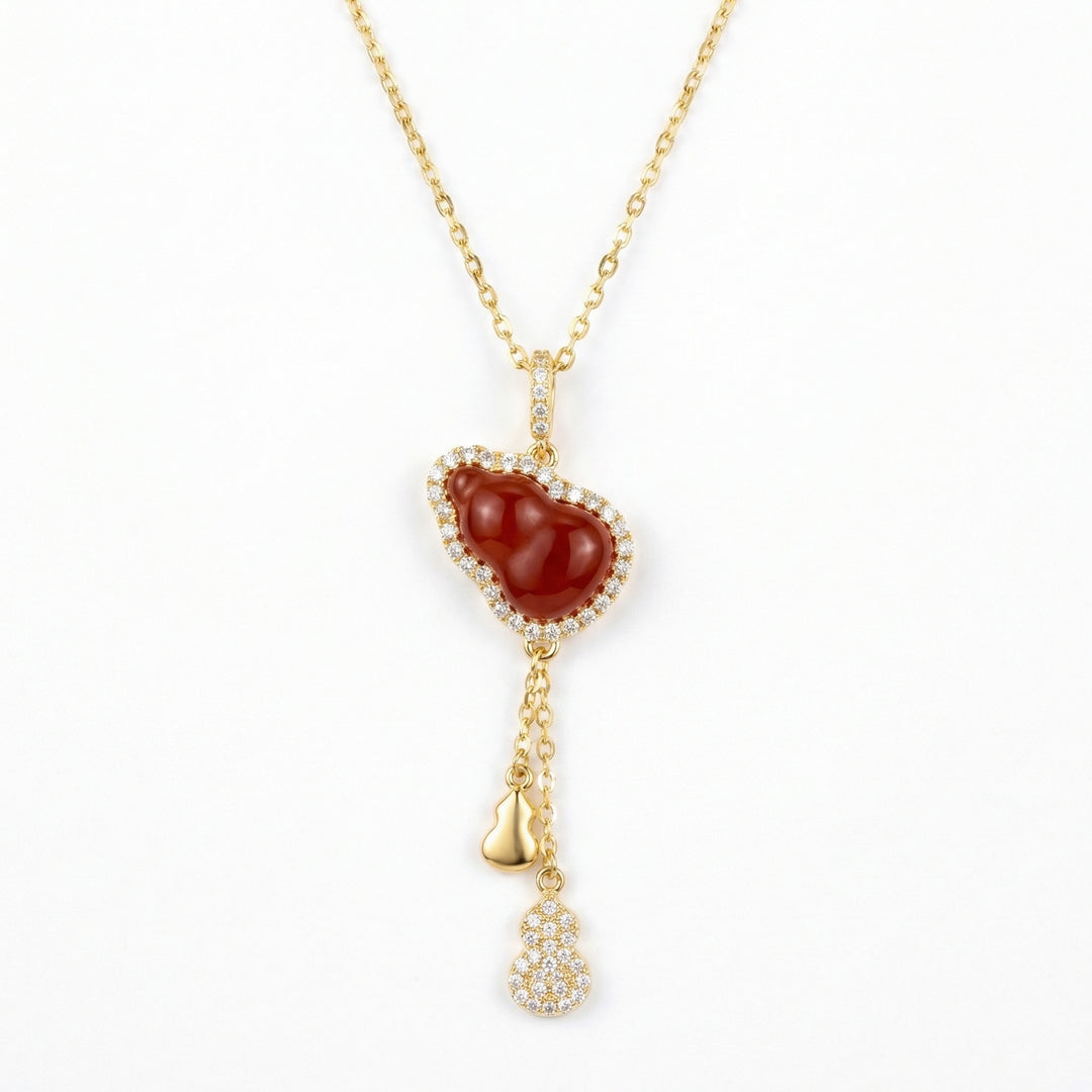 ✨ 925 Sterling Silver Red Carnelian Gourd Necklace with Sparkling Accents and Charms ✨