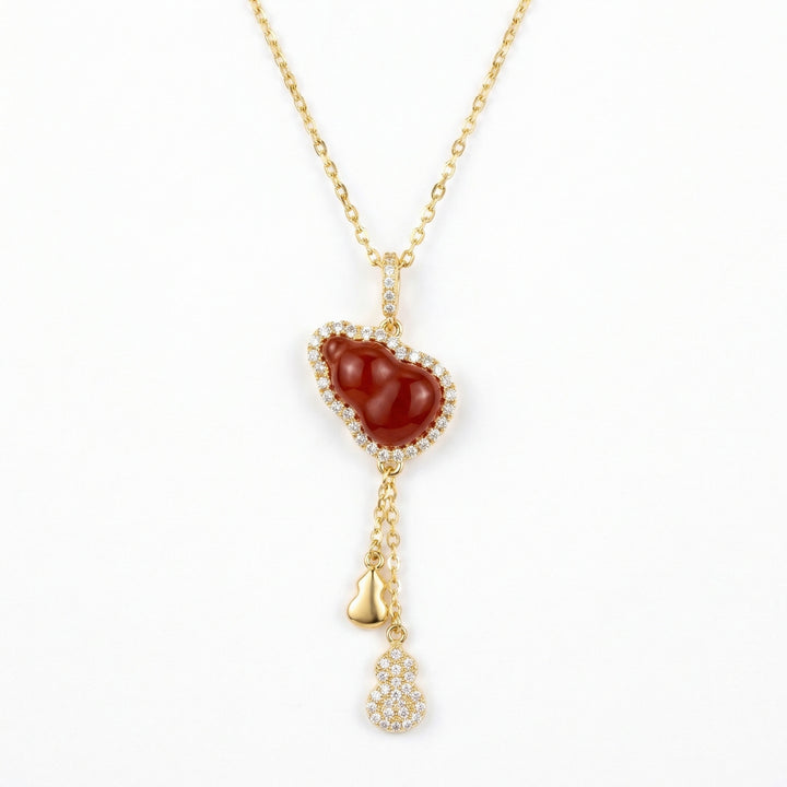 ✨ 925 Sterling Silver Red Carnelian Gourd Necklace with Sparkling Accents and Charms ✨