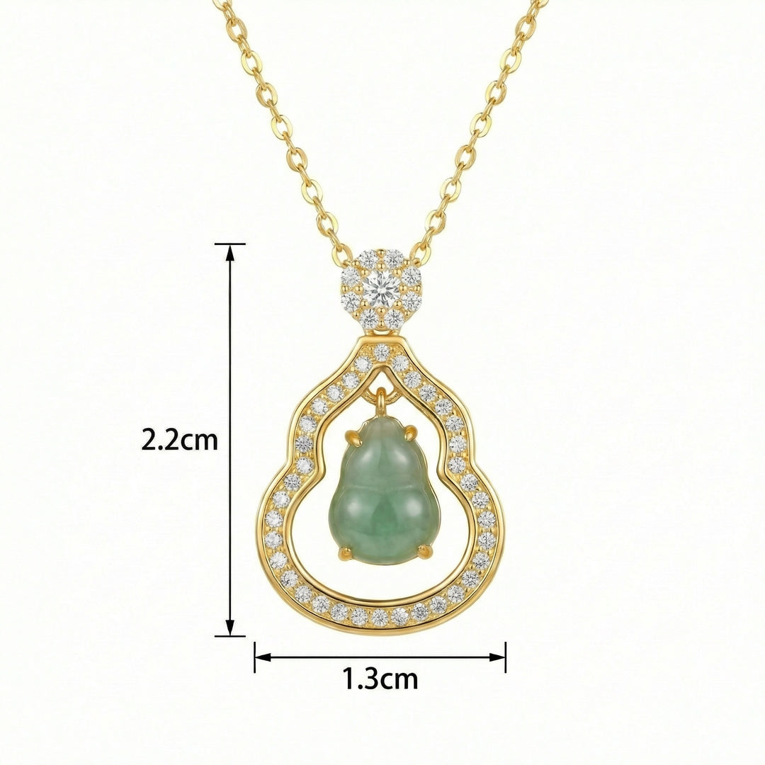 925 Sterling Silver Green Jadeite Hulu Pendant Necklace with Diamond Pavé Halo & Floral Bail