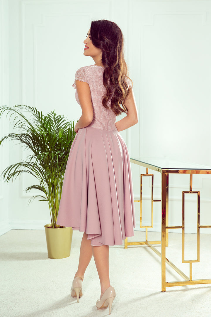 PATRICIA - dress with longer back with lace neckline - powder pink