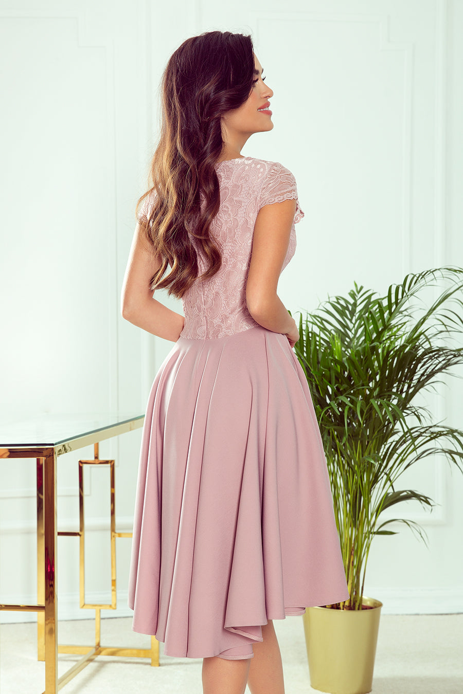 PATRICIA - dress with longer back with lace neckline - powder pink