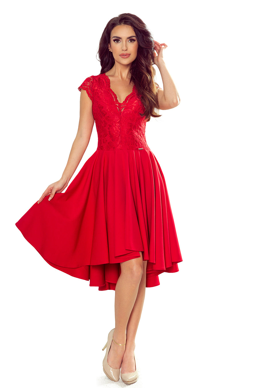 PATRICIA - dress with longer back with lace neckline - Red