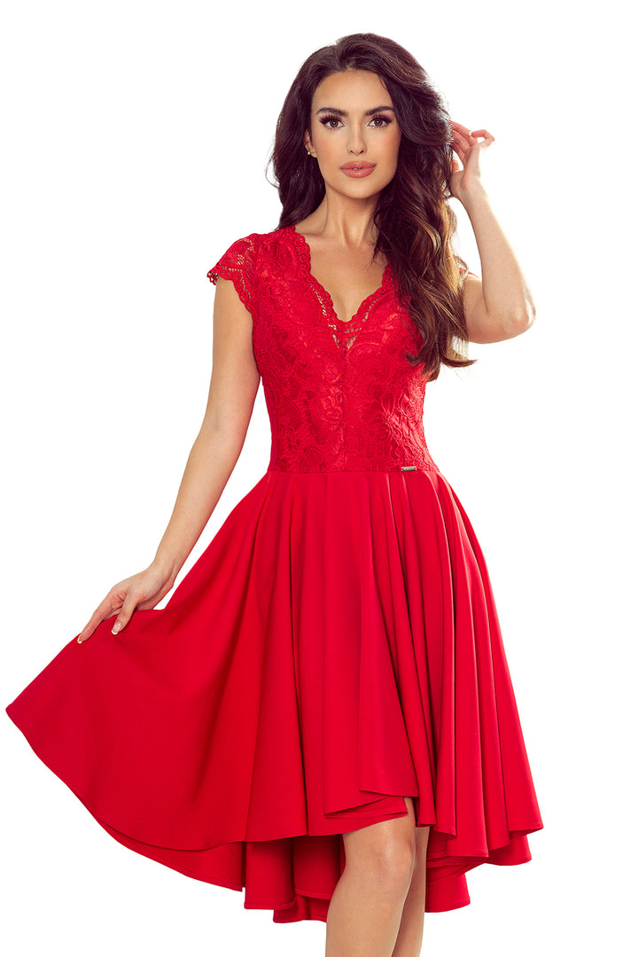 PATRICIA - dress with longer back with lace neckline - Red