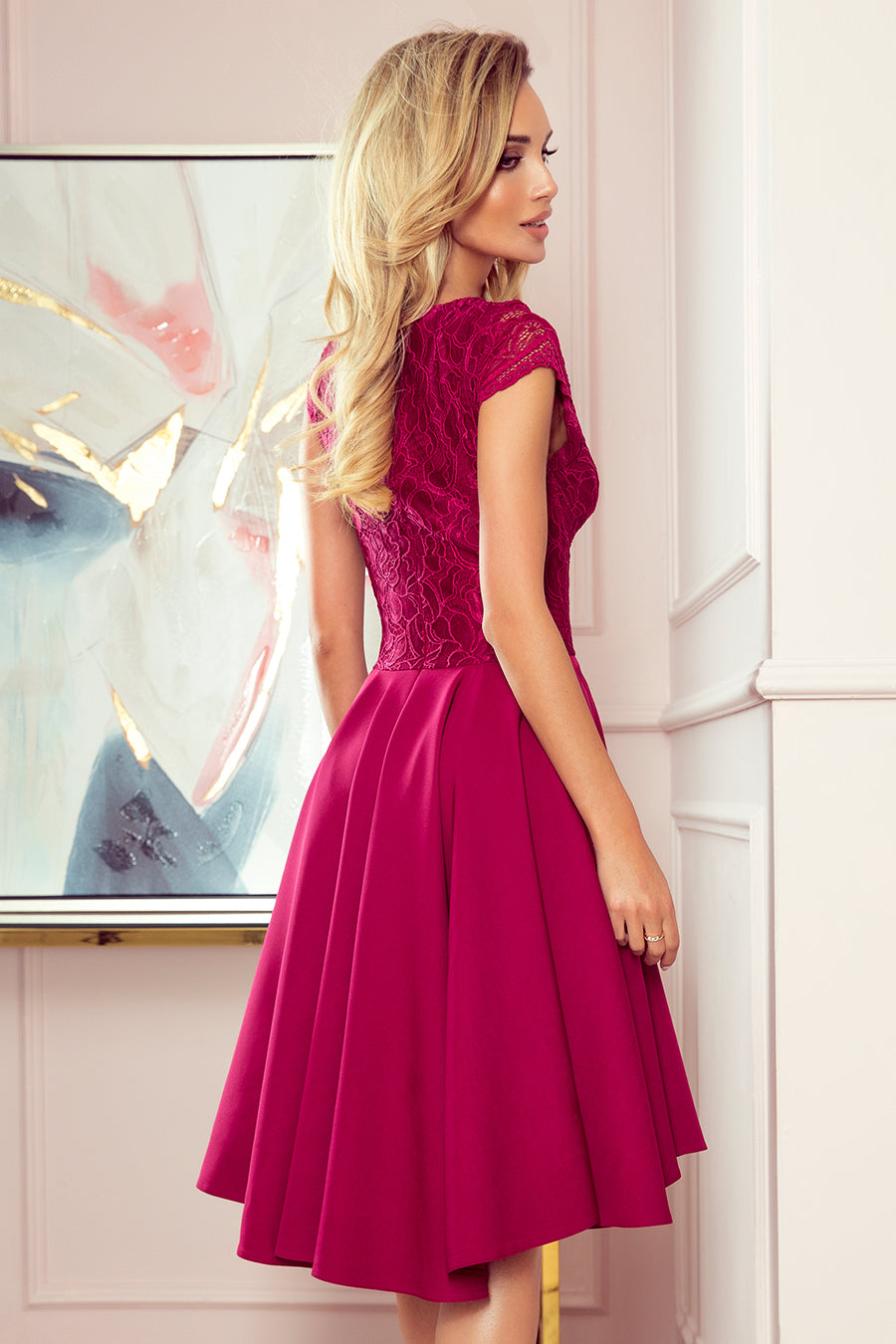 PATRICIA - dress with longer back with lace neckline - Burgundy color