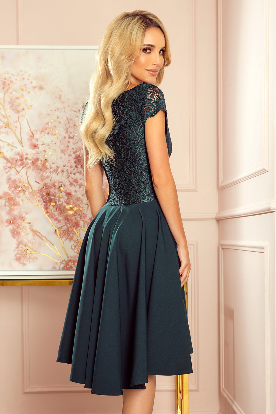 PATRICIA - dress with longer back with lace neckline - green color