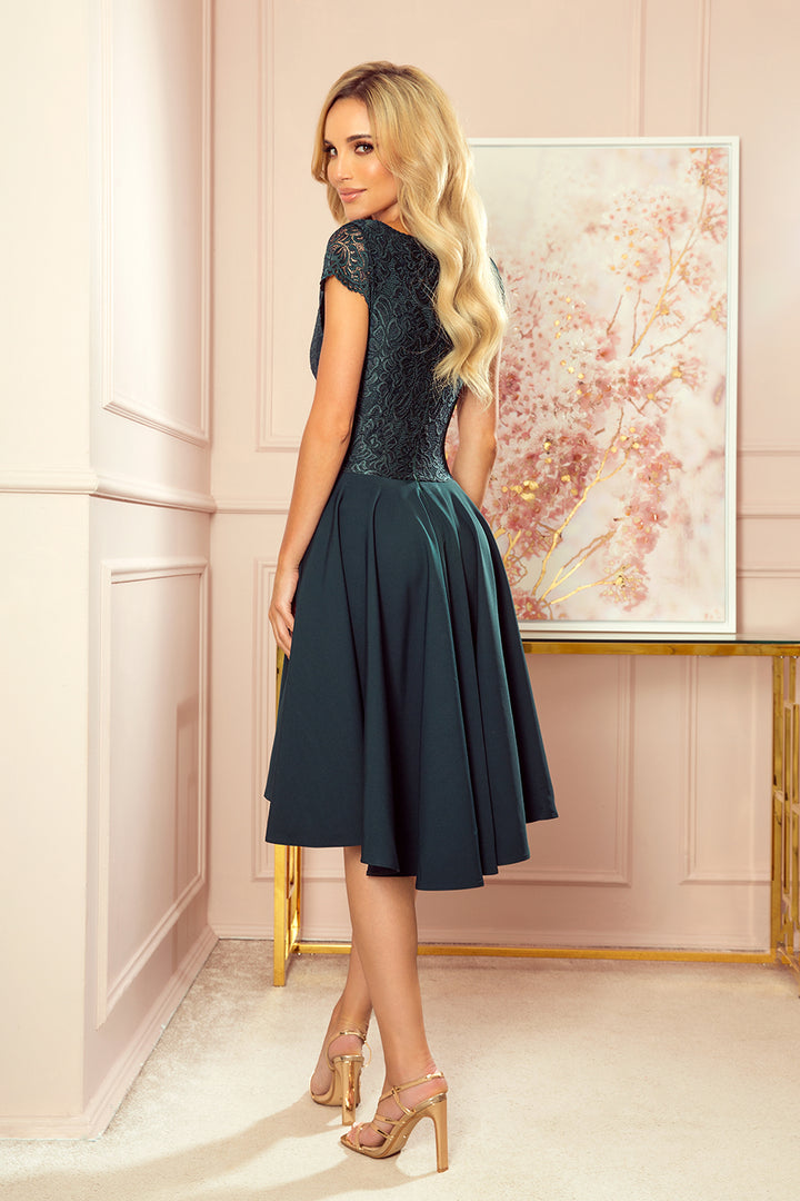 PATRICIA - dress with longer back with lace neckline - green color