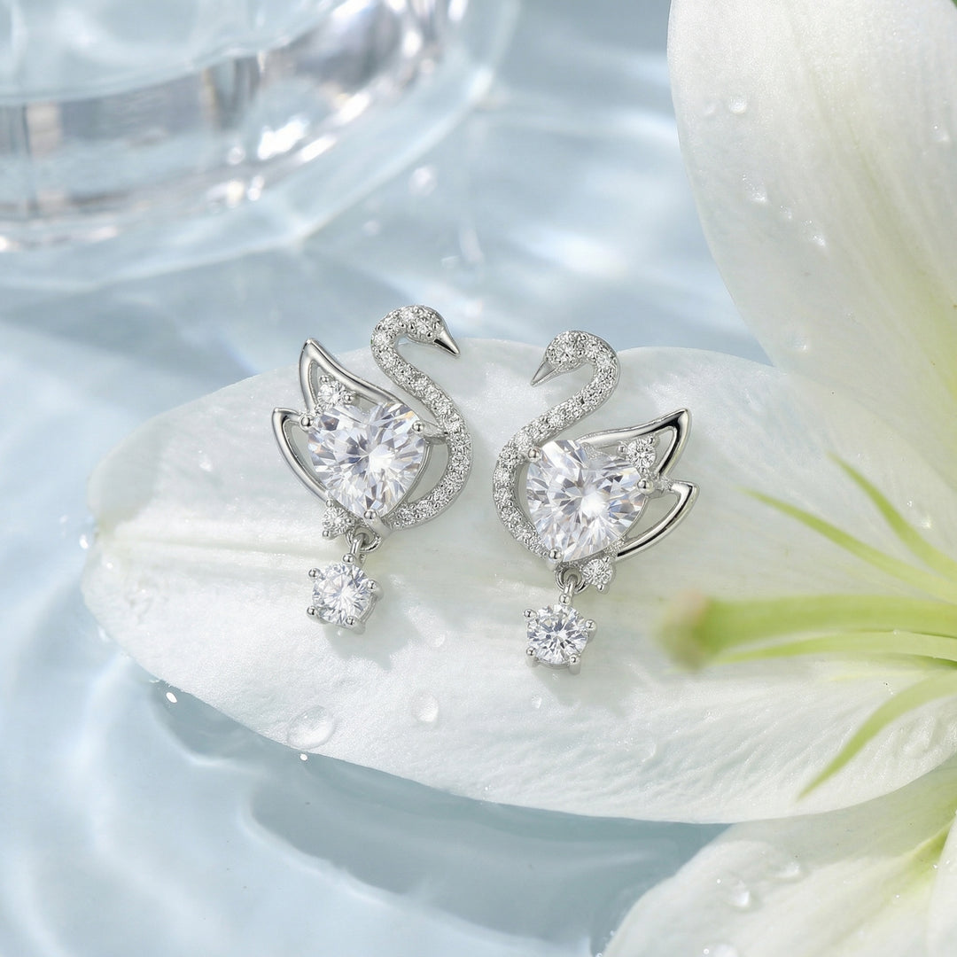 ✨ 925 Sterling Silver Swan Heart Crystal Dangle Earrings ✨