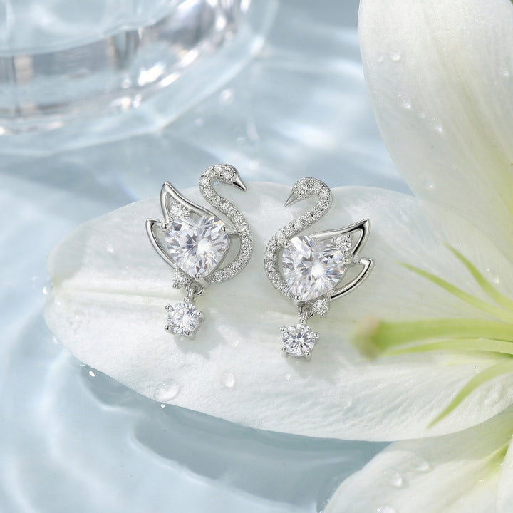 ✨ 925 Sterling Silver Swan Heart Crystal Dangle Earrings ✨