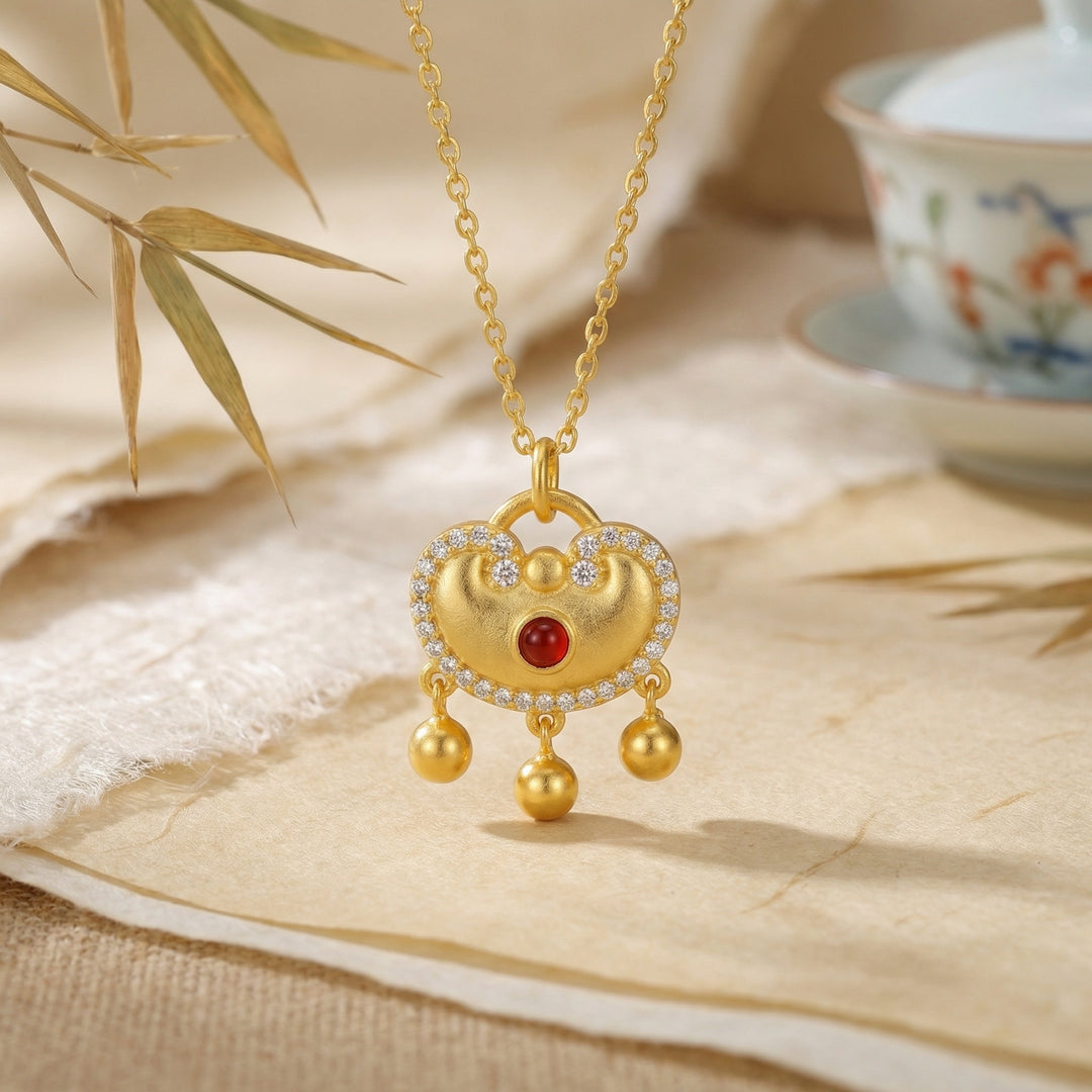 925 Sterling Silver Ruyi Lock Necklace – Red Stone Pendant with Bell Charms